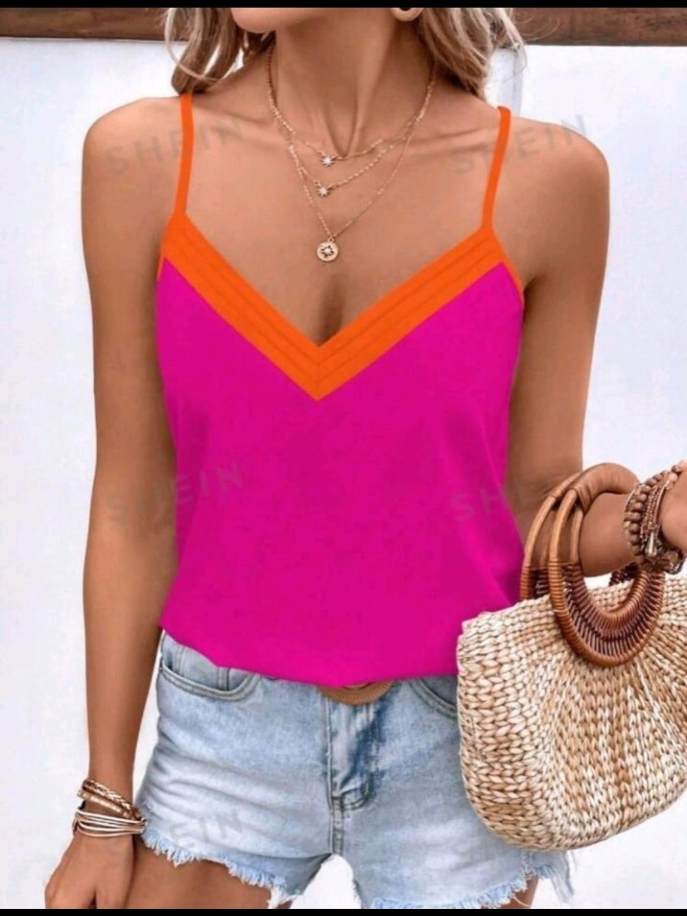 Women’s V-Neck Spaghetti Strap Tank Top in Pink with Orange Trim